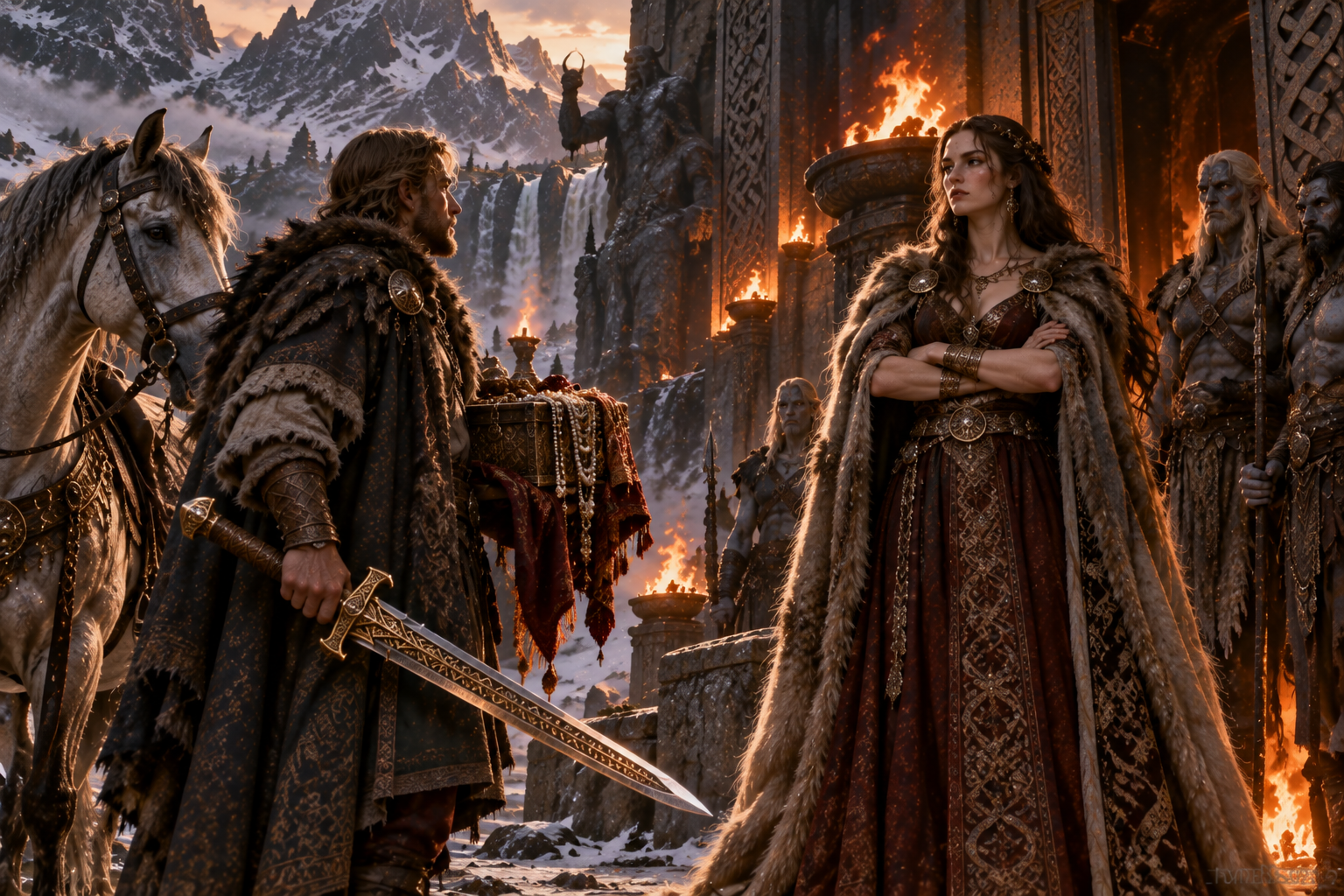 Gerðr recibe a Skírnir enviado por Freyr